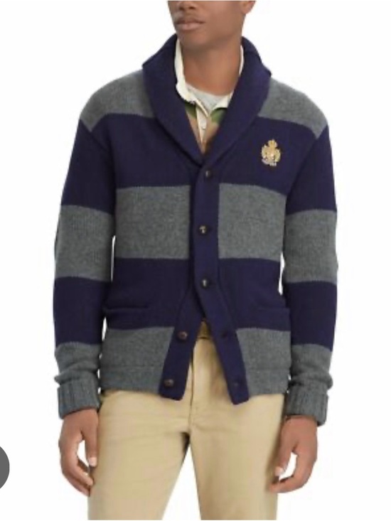 Ralph Lauren Other - Polo Ralph Lauren Mens Navy Gray Striped Shawl-Collar Cardigan 100% Merino Wool